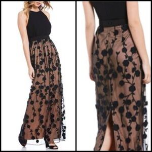 Belle Badgley Mischka Wesley Elegant Black Floral Appliqué Maxi Formal Dress 4